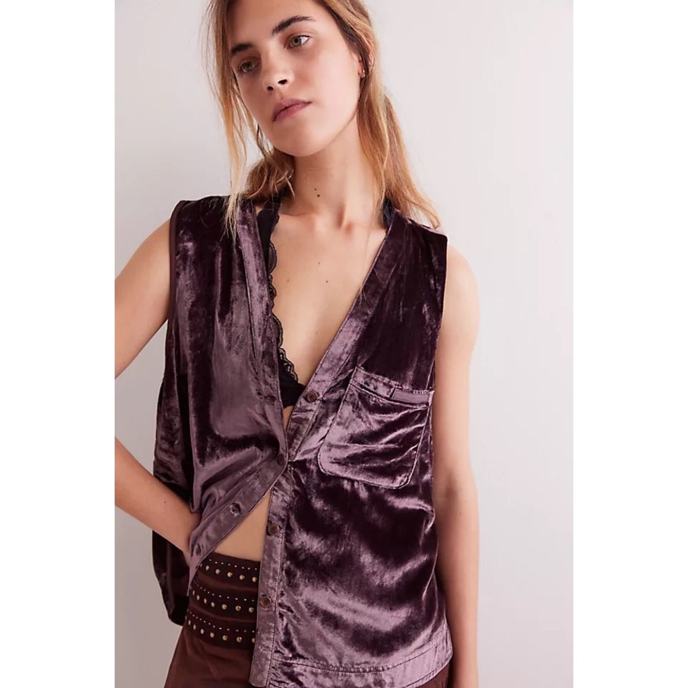 We The Free Velvet South Side Vest Women XS Plum EUC Boho Button Front Top